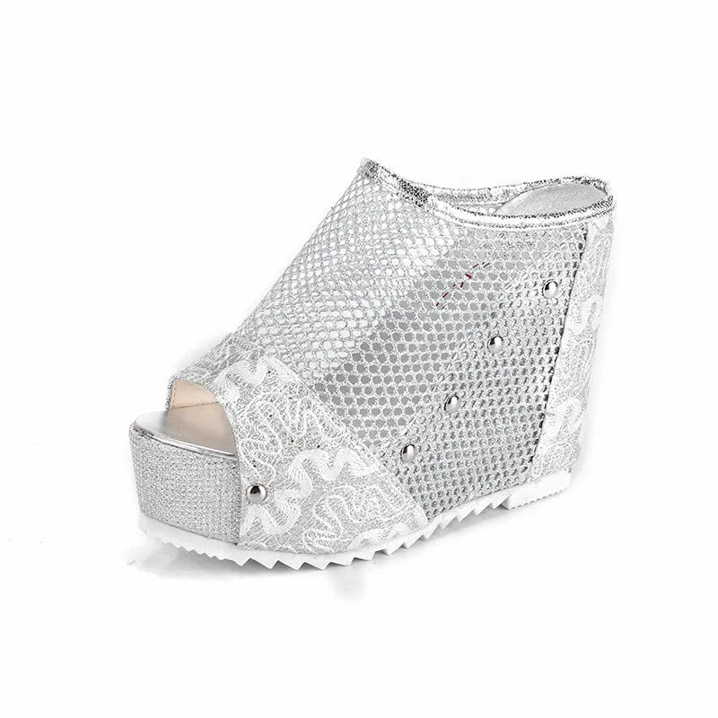 Korean platform flip-flops with a hollowed-out heel, chunky sole, and mesh lace-up upper in black colour.