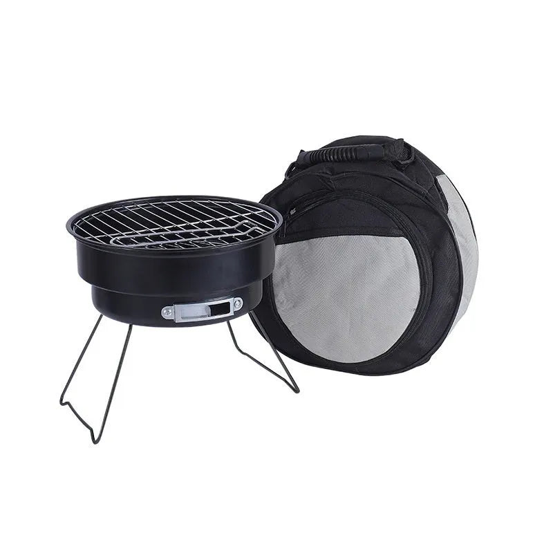 Small folding round ice stove with barbecue grill and components for outdoor cooking