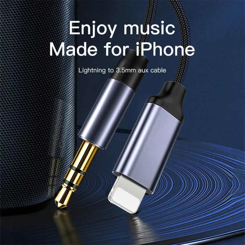 Silver and black nylon braided audio cable with 3.5mm connectors for car aux and headphone use