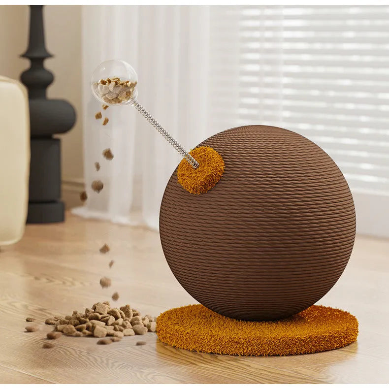 A large and small size cat scratching post toy made from hemp rope with a self-rolling tumbler design.