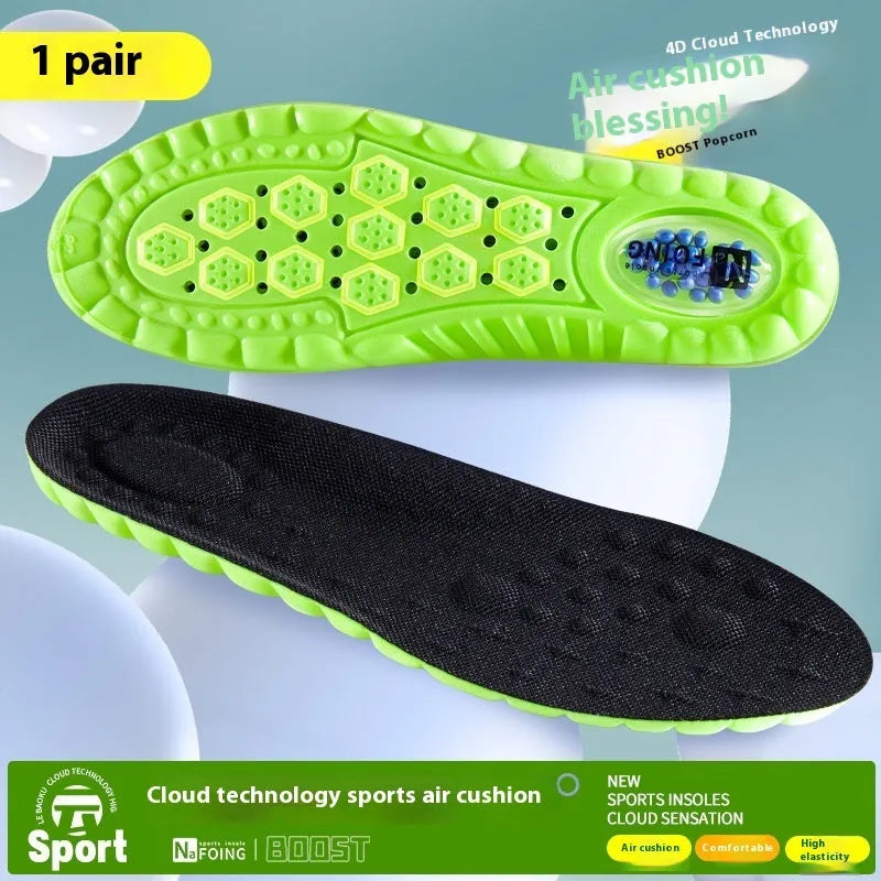 Green PU air cushion sports insole with argy wormwood for shock absorption and sweat management.
