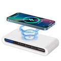White desktop wireless charger with LED atmosphere lamp showing 15W charging and eight colour modes