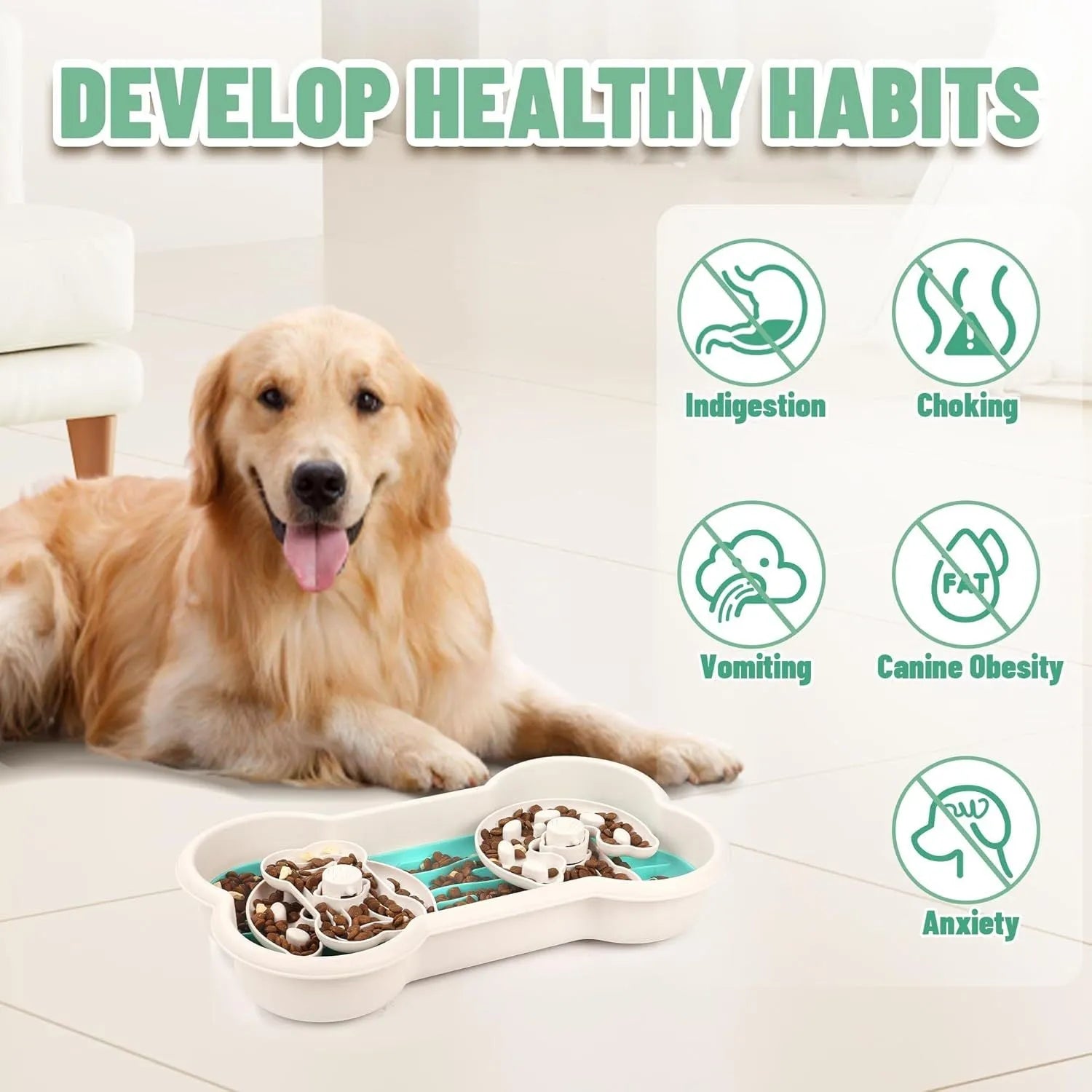 Large green slow feeder dog bowl with puzzle trays and non-slip suction cups.