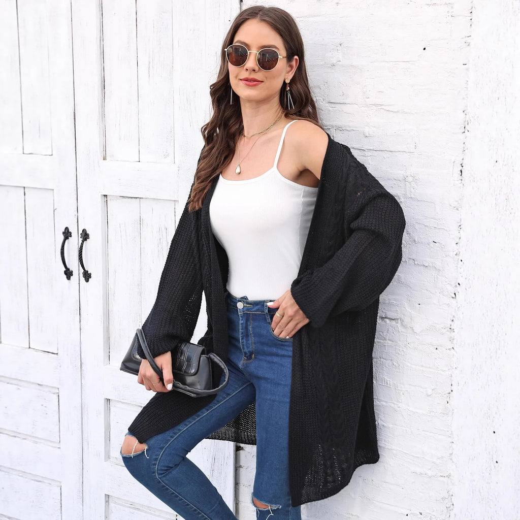 Women's loose casual acrylic sweater coat in army green, black, brown, light grey or rose red