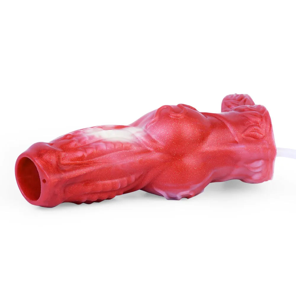 Silicone water spray exotic condom toy showing manual control, with syringe and balloon accessories.