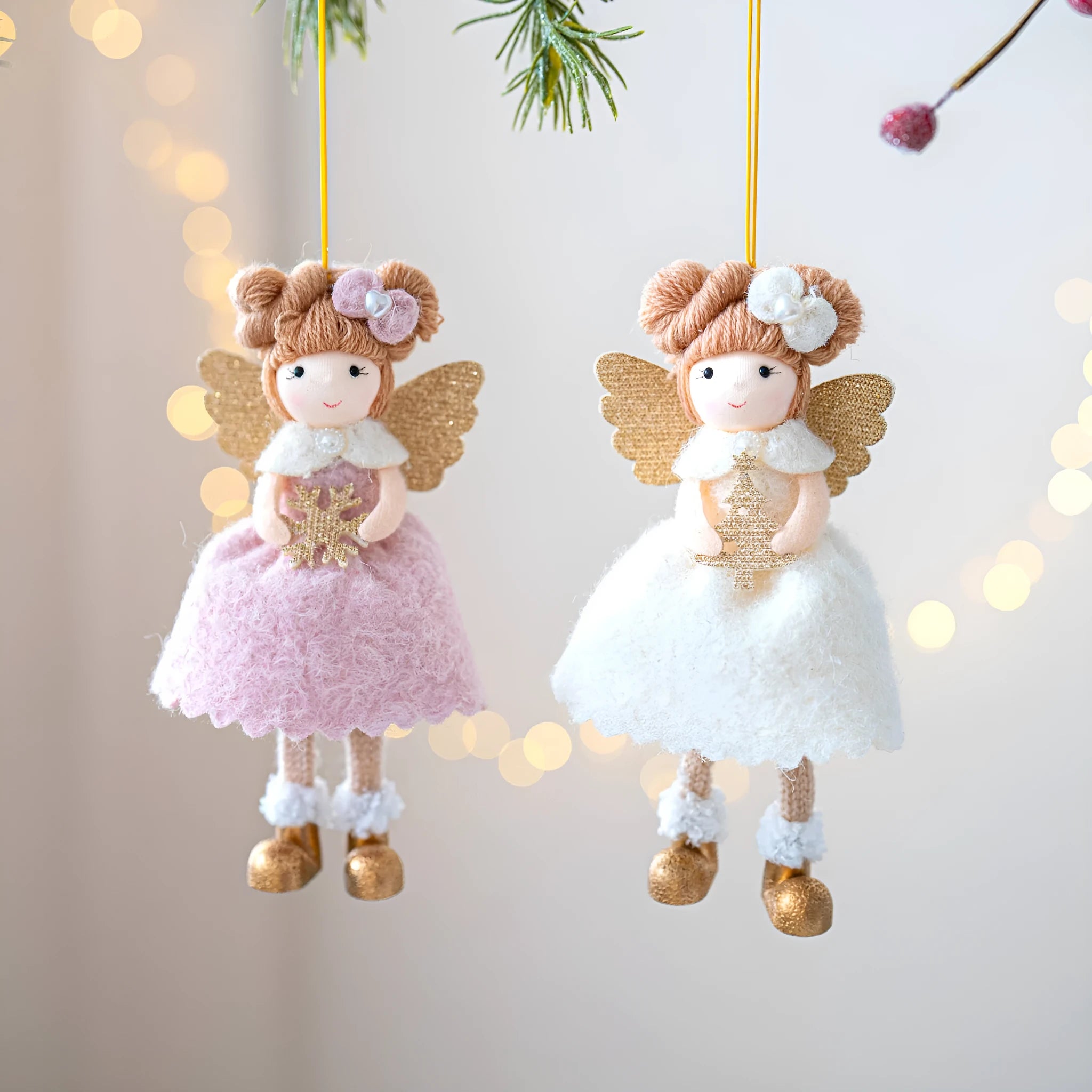 Pink and white cloth angel wings plush pendant Christmas ornament.