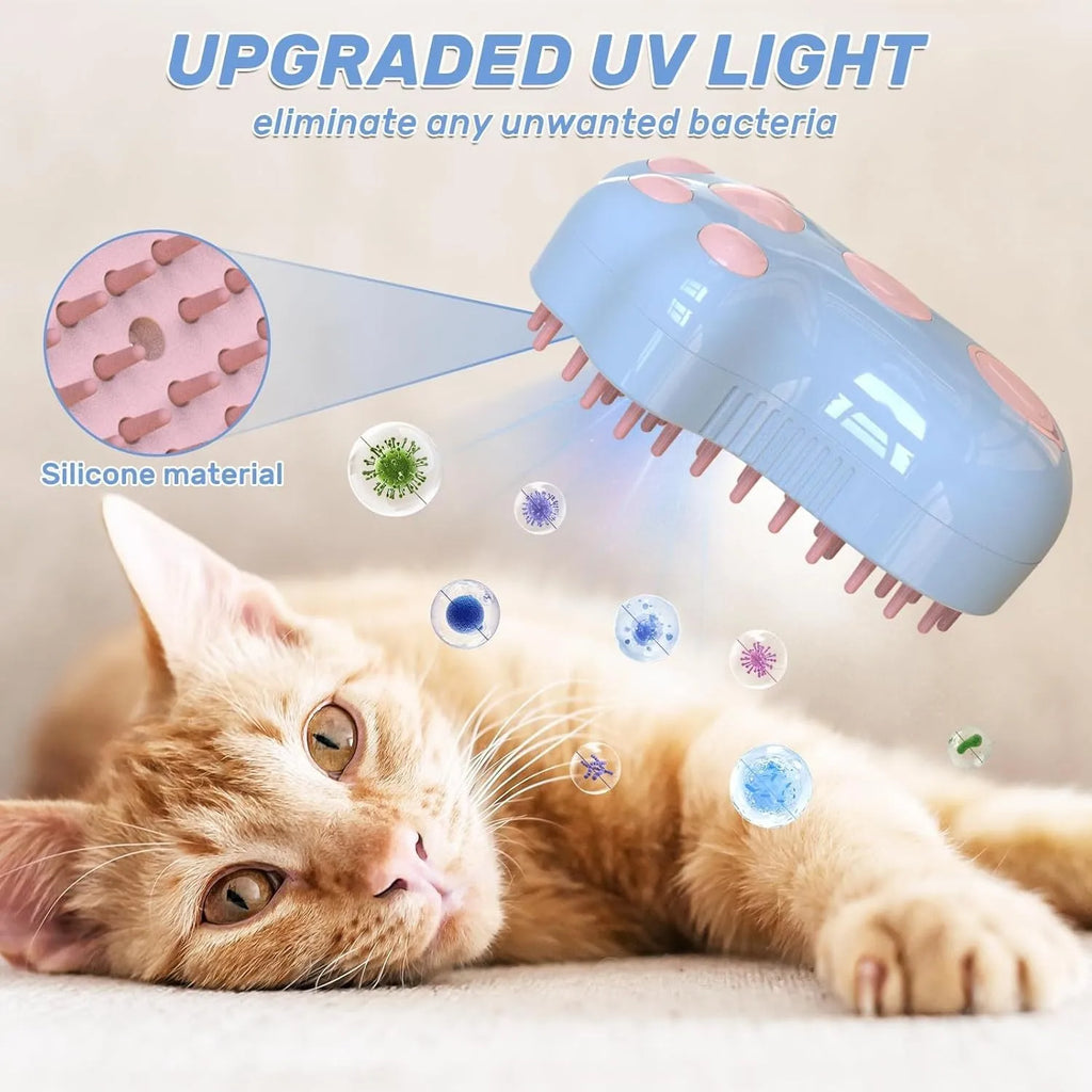 Self-cleaning cat steam brush with blue light, water spray tank, and silicone bristles