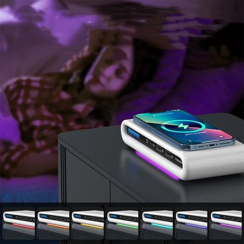 White desktop wireless charger with LED atmosphere lamp showing 15W charging and eight colour modes