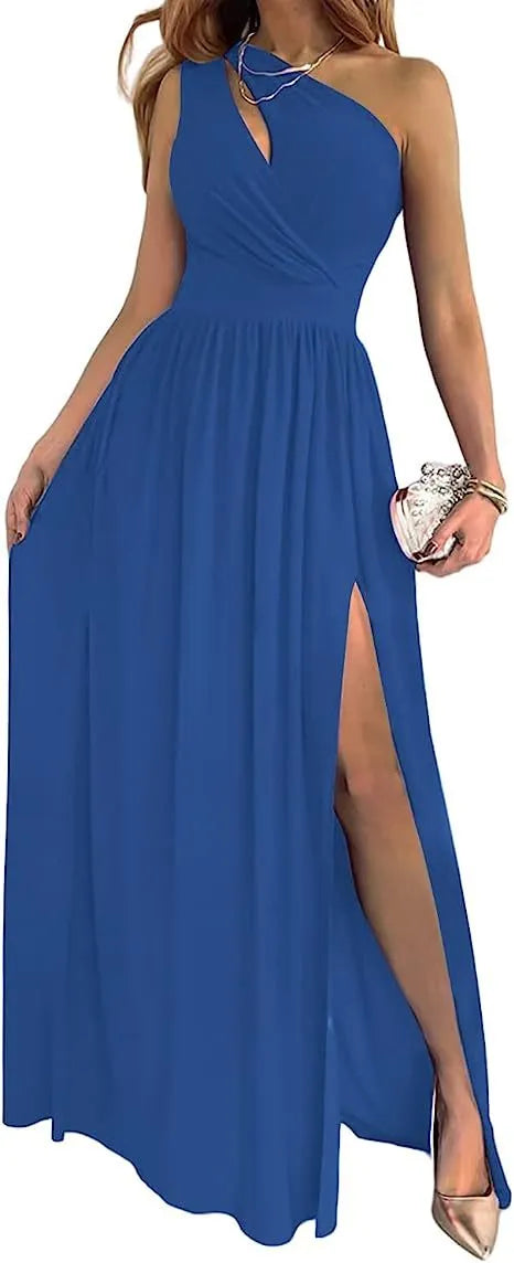 Women's one shoulder high split maxi dress in apricot with cutout detail and sleeveless design