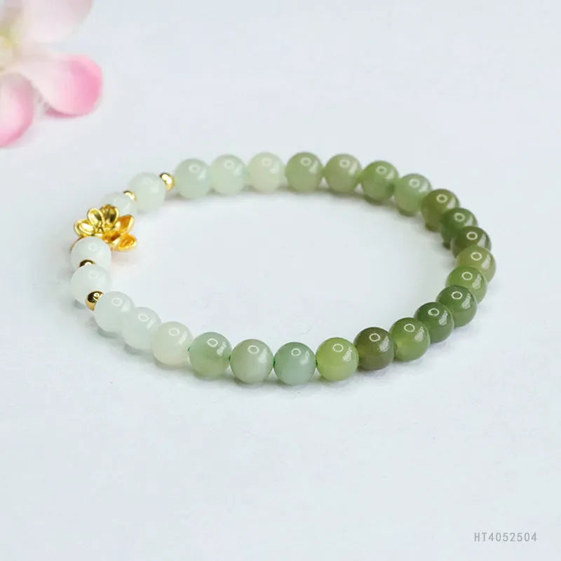 Hand-woven ancient style Hetian jade bracelet with water gradient colours and flower design