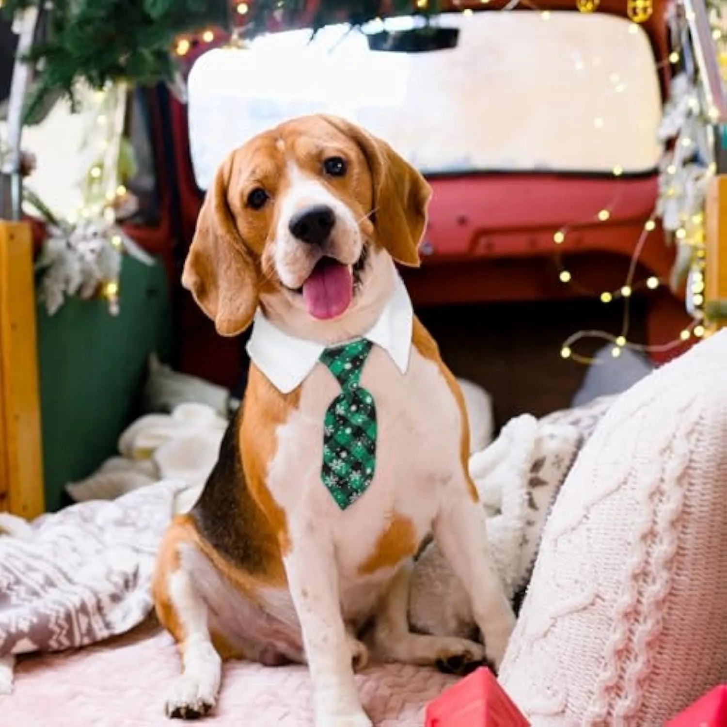 Adjustable Christmas dog necktie with red plaid and snowflake pattern on a white background