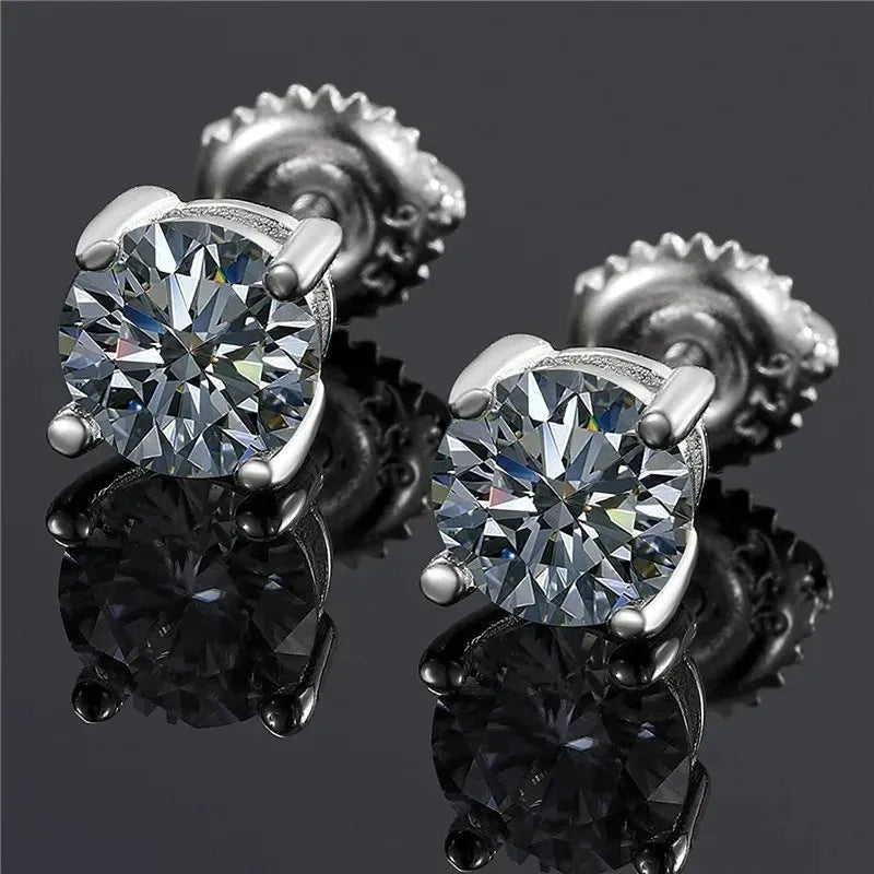 Screw back four claw moissanite stud earrings for women, 7mm geometric silver jewellery
