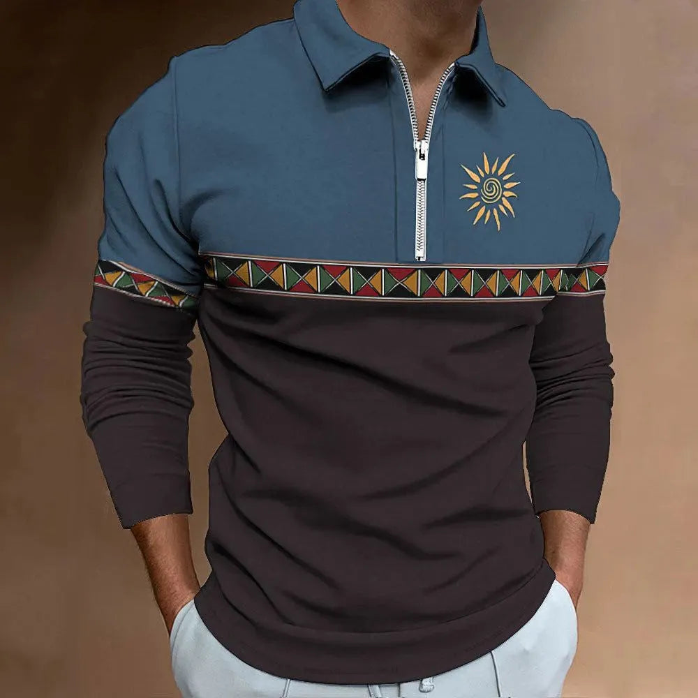 Men's loose fit long sleeve polo shirt with striped retro print and zipper details on sleeve.