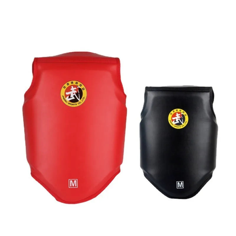 Red boxing helmet and matching one-piece chest protector set for training.