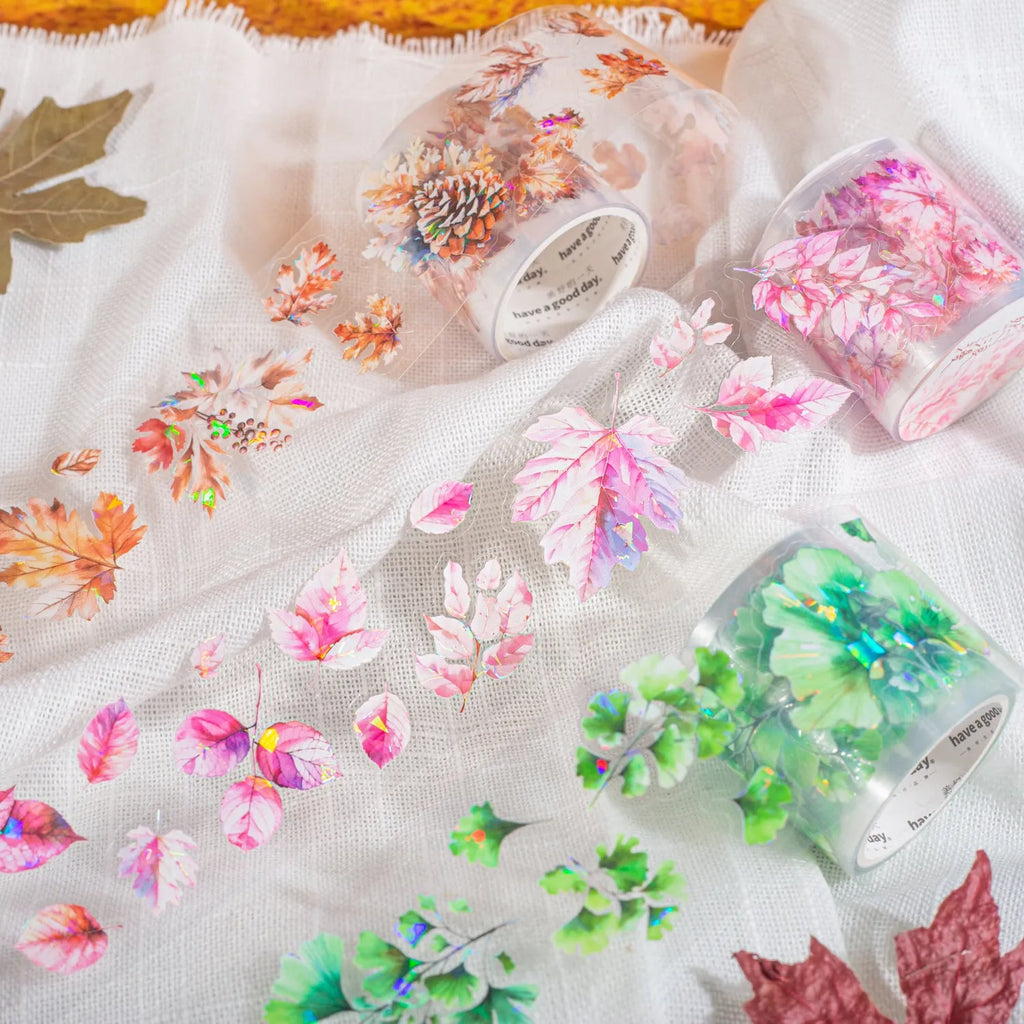 Six rolls of PET decorative stickers showing autumn leaf designs including ginkgo and maple patterns