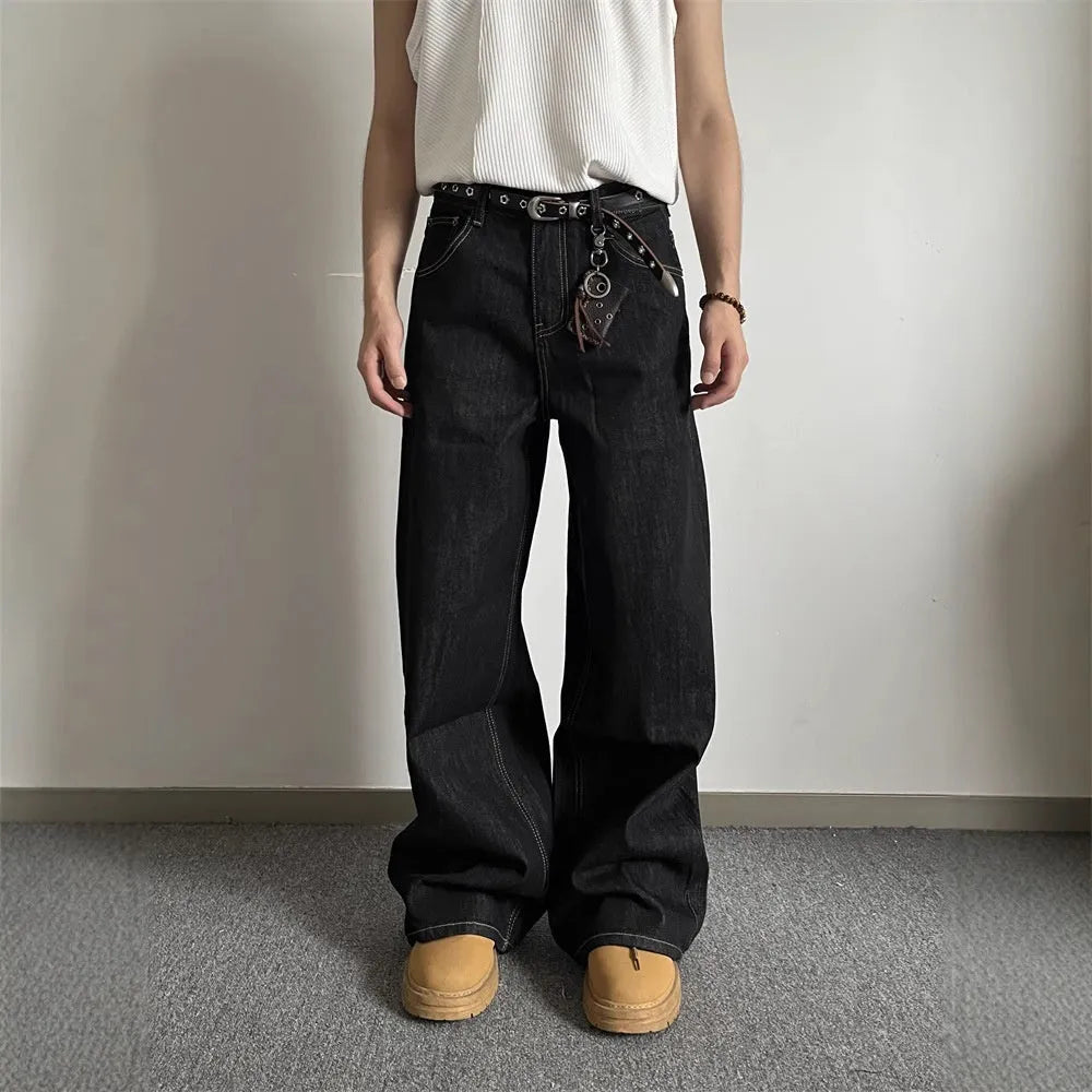 Black loose fit wide-leg jeans with straight-leg cut and retro styling