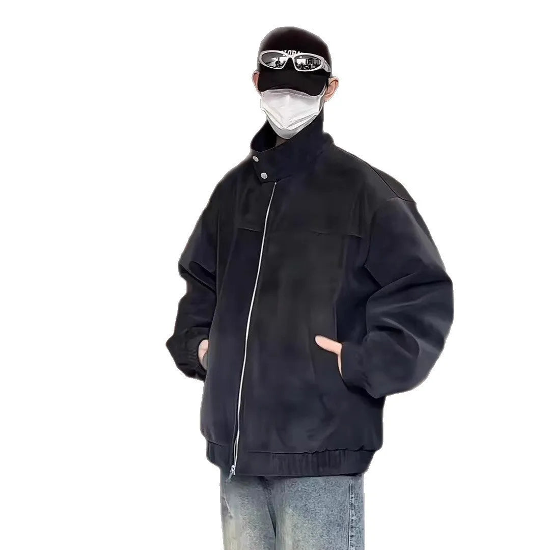 Grey and black tie-dye pattern on a men's loose-fit PU leather jacket with a stand collar.