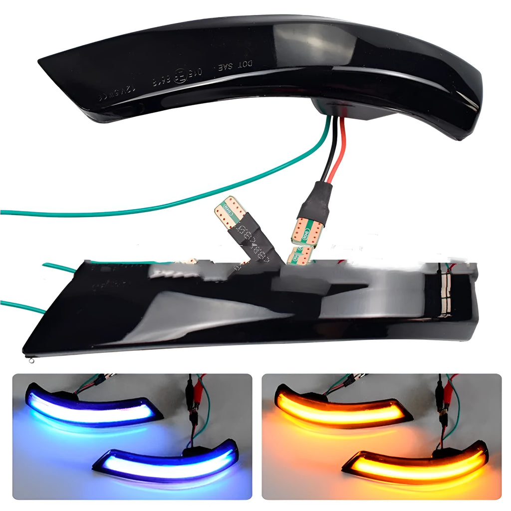 Pair of ABS plastic rearview mirror waterfall lights for Ford Focus and Mondeo, showing yellow and two-tone colour options.