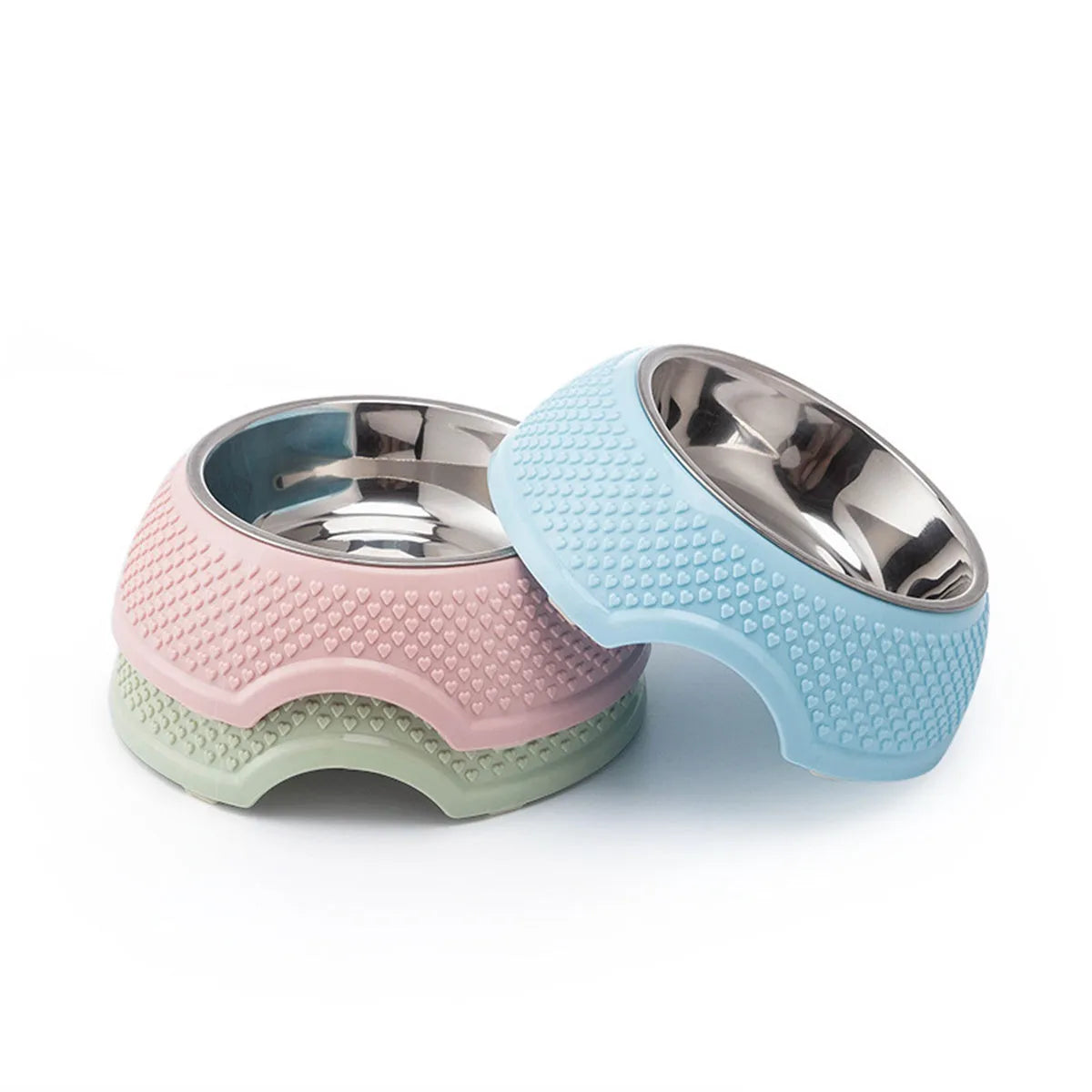 Blue stainless steel pet bowl with a non-slip black base on a kitchen floor.