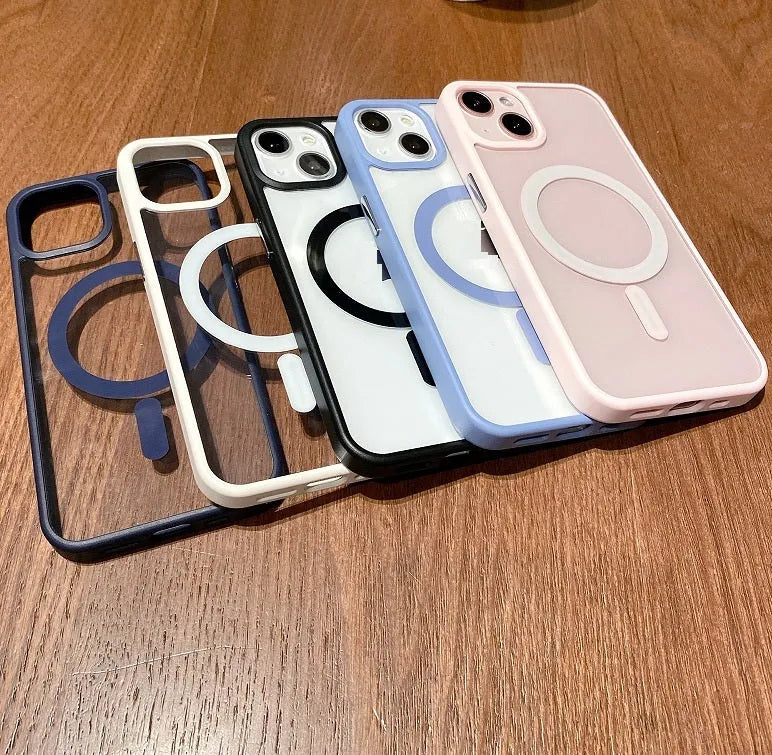 Transparent acrylic MagSafe phone case for iPhone with magnetic suction in multiple colour options