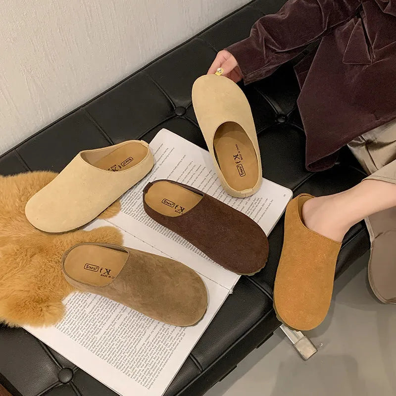 Korean style flat slip-on slippers in apricot colour with a square toe and PU sole.