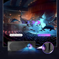 Black or white portable mini projector with wired mobile phone connection showing 320x240 resolution specification