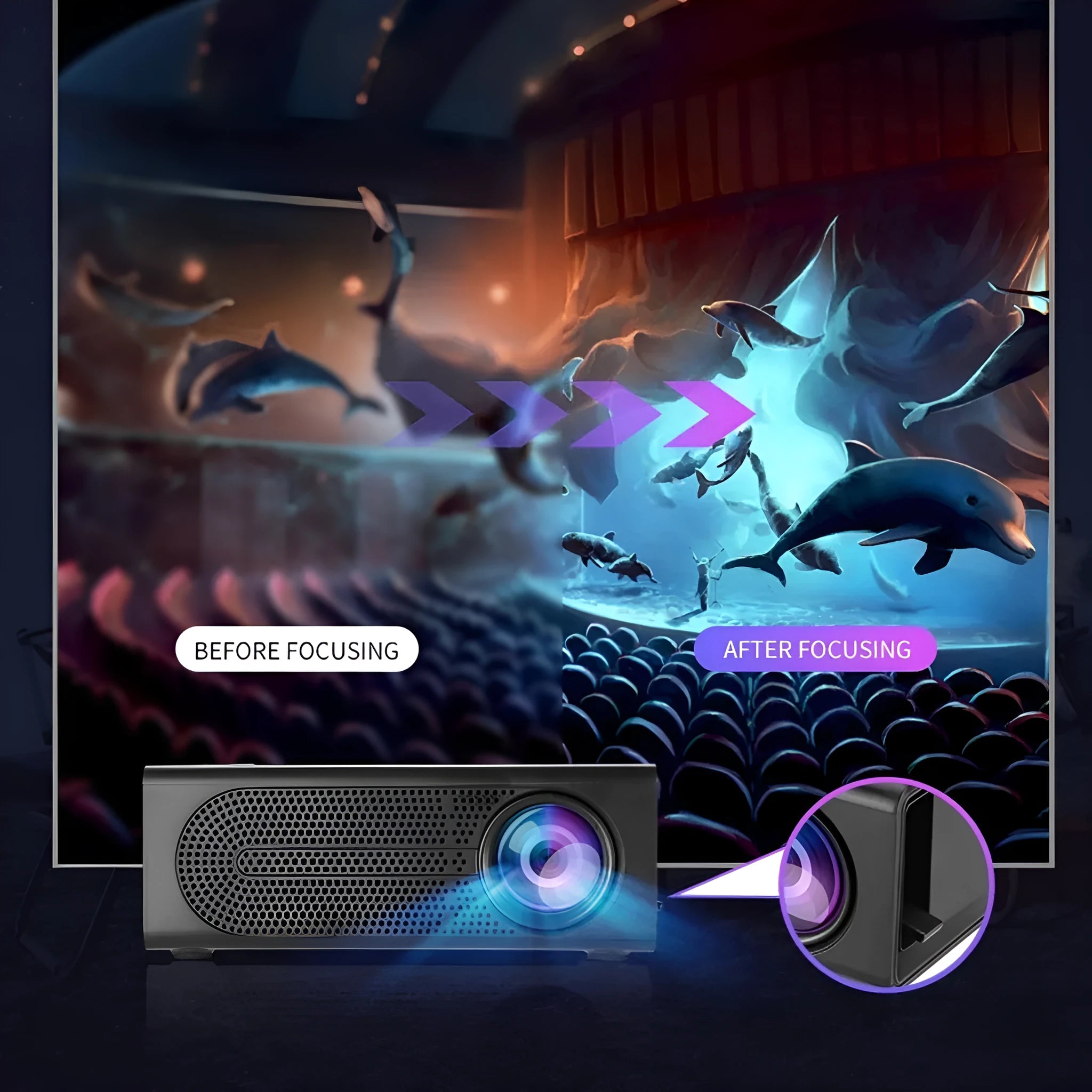 Black or white portable mini projector with wired mobile phone connection showing 320x240 resolution specification