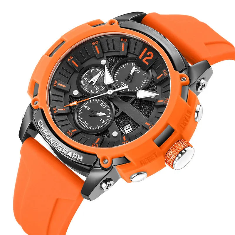 Men's black multi-function digital watch with luminous display showing time and calendar
