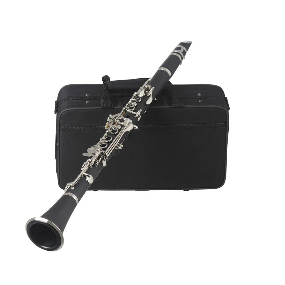 Black Bakelite clarinet with 17 nickel-plated keys and carrying bag for beginners