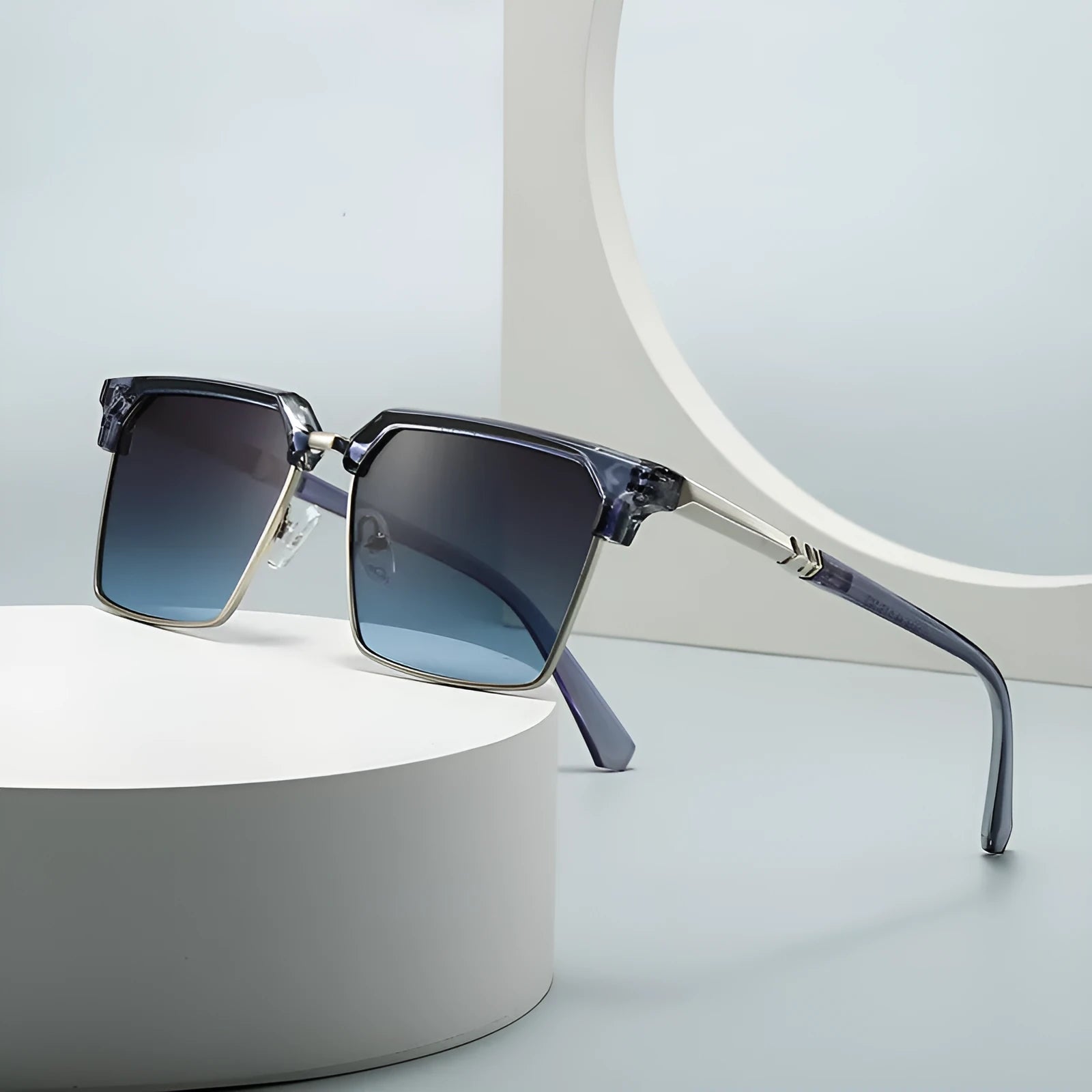 Men's square sunglasses with plastic frames showing six colour variations including green and blue options