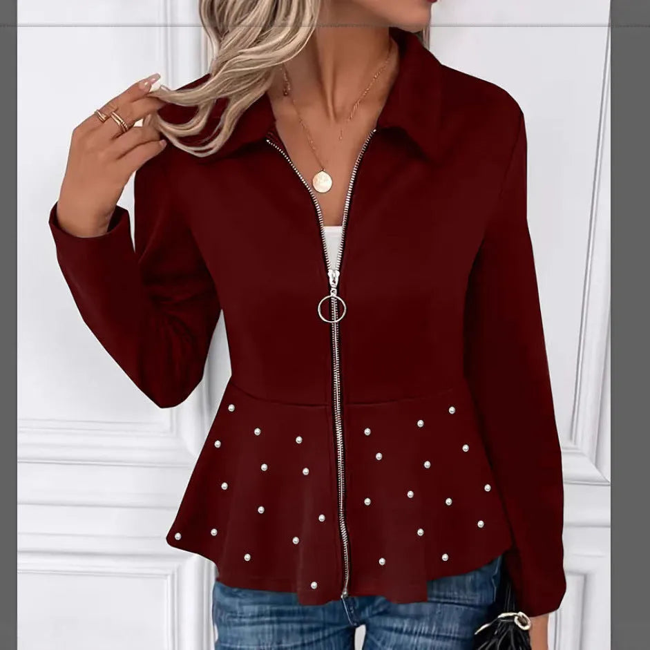 Women's black spandex coat with beaded heavy-duty zipper and ruffled hem detail