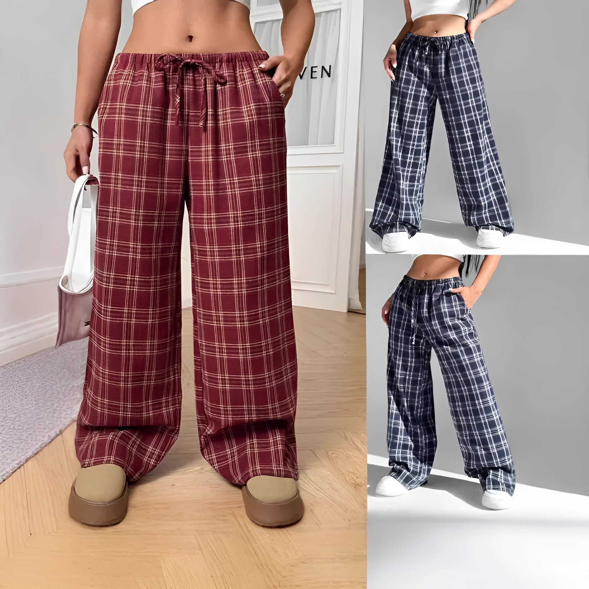 Women's red loose fit casual trousers with drawstring waist and plaid pockets, laid flat.