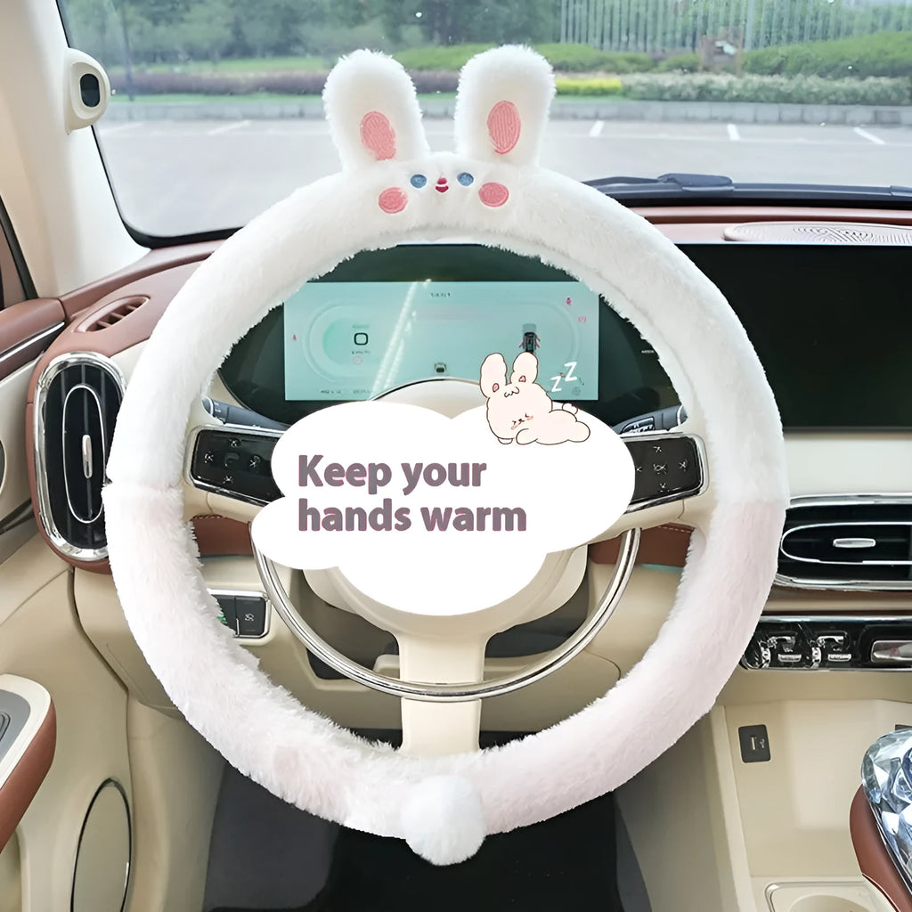 Plush thermal car steering wheel cover with embroidered cartoon pattern measuring 38cm diameter