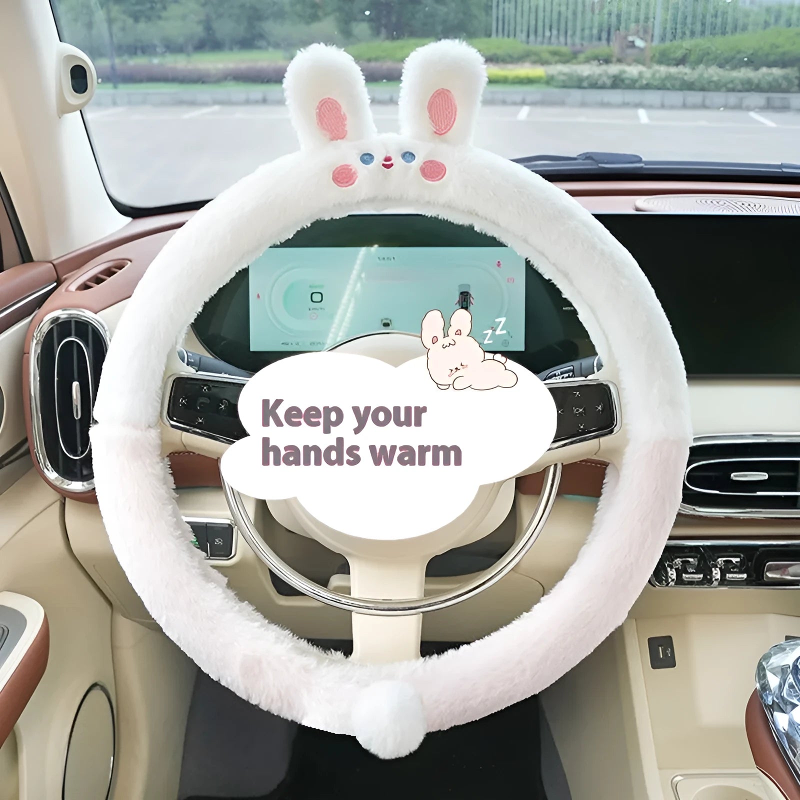 Plush thermal car steering wheel cover with embroidered cartoon pattern measuring 38cm diameter