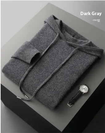 Men's light grey cashmere hooded sweatshirt and matching long pants set laid flat.
