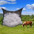 Black woven PE rope grid hanging feeding bag for horses, cattle and sheep.