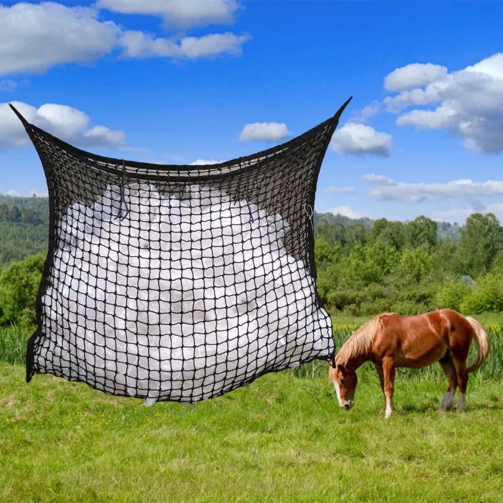 Black woven PE rope grid hanging feeding bag for horses, cattle and sheep.