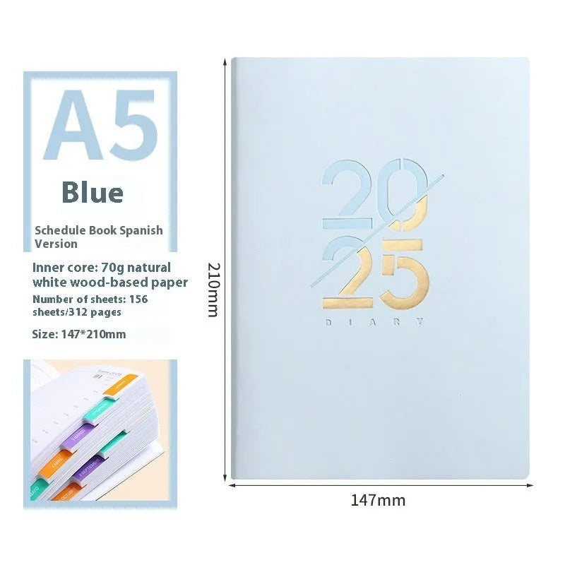 A5 daily planner notebook with faux leather cover open on a desk