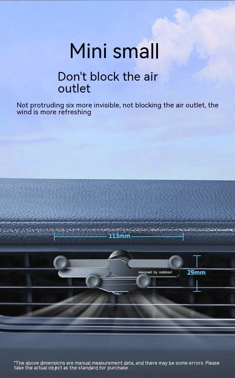 Aluminium alloy car mobile phone holder showing both knob air vent mount and adhesive dashboard mount versions in black, silver, and grey colours