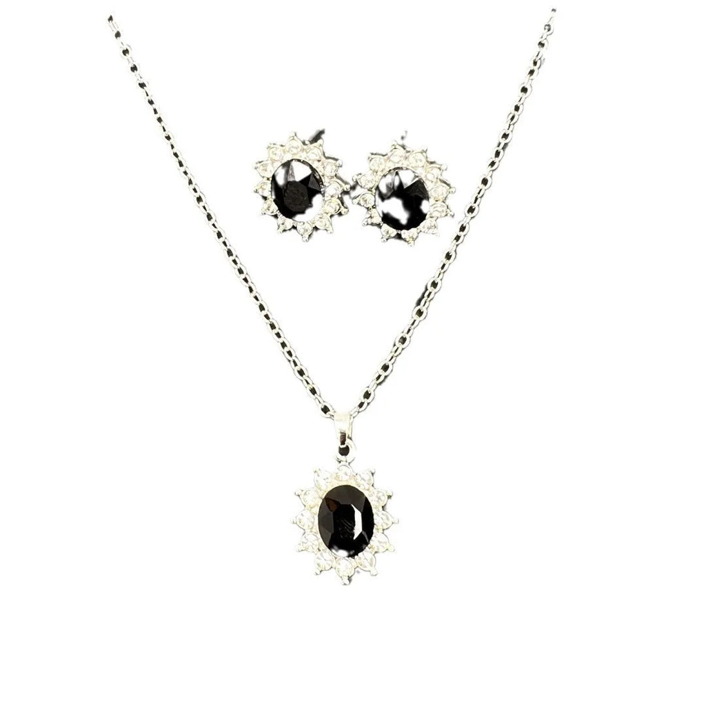 SUNFLOWER women's alloy ear stud and necklace set in simple ellipse design on a white background.