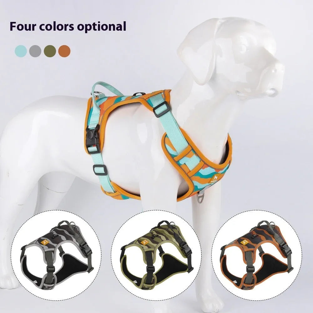 Orange Oxford cloth dog harness with reflective rope on a dog's chest and back