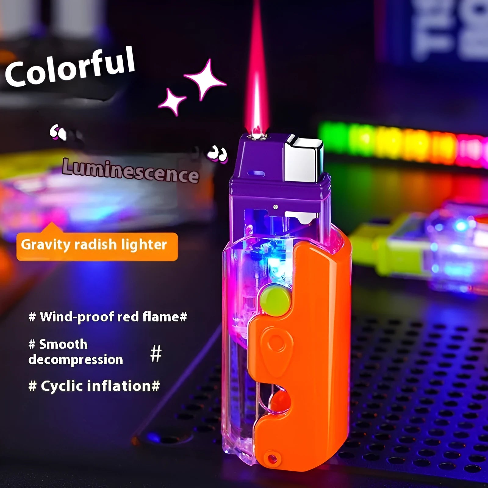 Colourful plastic windproof lighter with luminous radish design in orange, purple, or green options