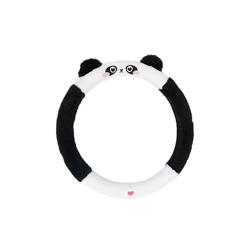 Plush thermal car steering wheel cover with embroidered cartoon pattern measuring 38cm diameter