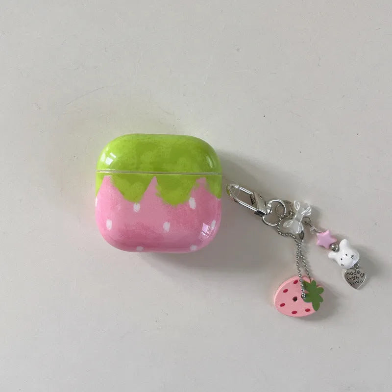 Strawberry belt pendant plastic earphone case cover for Apple AirPods with embossed texture