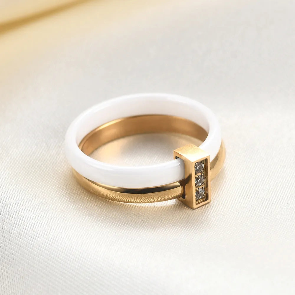 Women's ceramic ring with geometric round shape, 6mm width, inlaid zirconium and glossy stitching