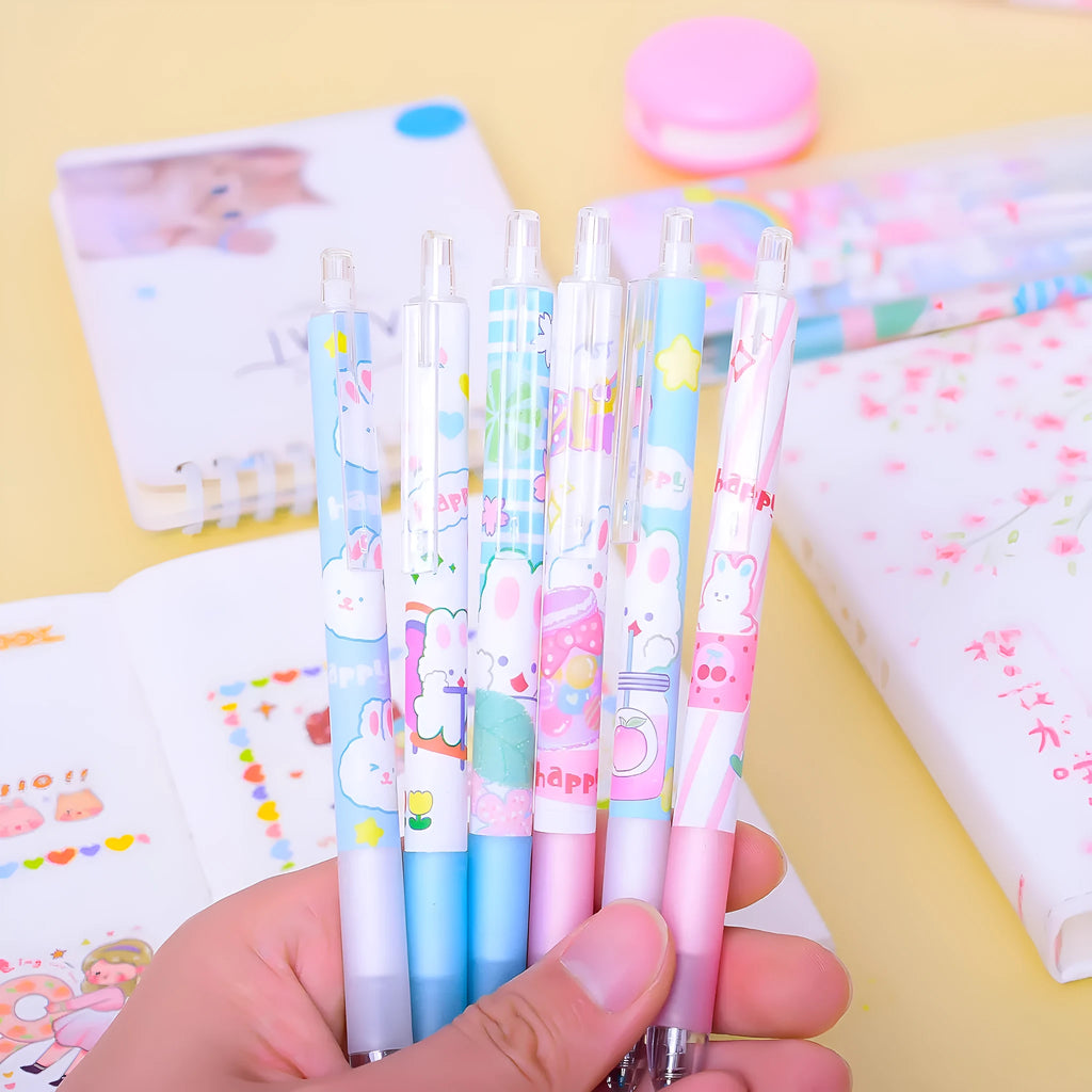 Six black plastic pens with cartoon bunny designs and 0.5mm tips laid side by side.