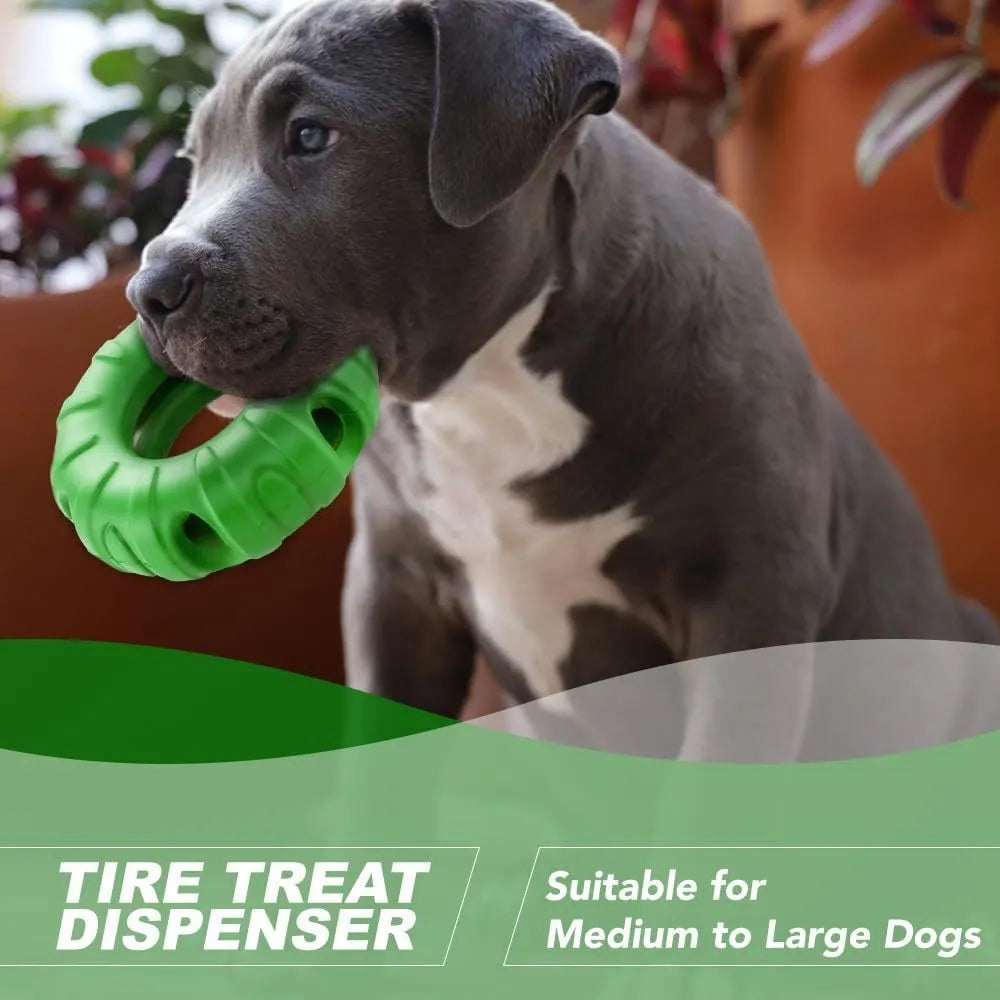 Blue beef-flavoured rubber tyre dog chew toy with oval openings for slow feeding.