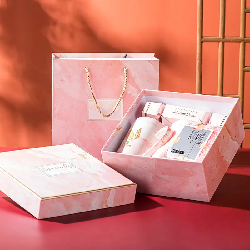 Ceramic cup gift box set with towel and candy in light luxury style height 12cm caliber 7.8cm 301-400ml
