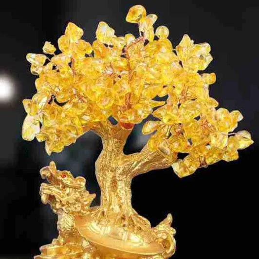 Citrine-coloured resin turtle money tree feng shui ornament measuring 23cm tall
