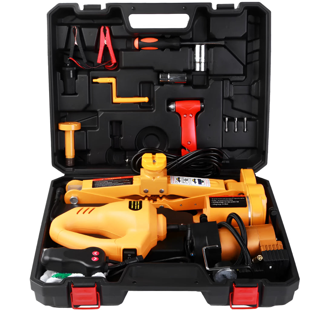 Yellow steel car electric hydraulic jack set with an electric wrench on a garage floor.